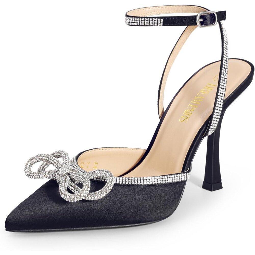 Women Black Ankle Strap Sparkly Bow Shine Star Wrap-Around High-Heel Pumps